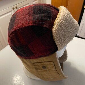 Unisex Red Plaid Sherpa Trim Winter Hat Snap Chin Ear Flaps